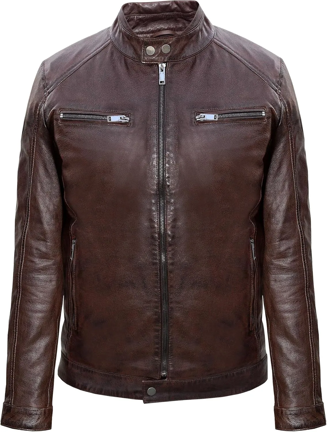 Men's Cafe Racer Retro Dark Brown Leather Jacket Genuine Lamb Leather, Vintage Regular Fit Motorcycle Style
