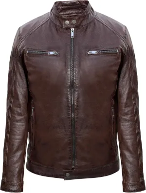 Men's Cafe Racer Retro Dark Brown Leather Jacket Genuine Lamb Leather, Vintage Regular Fit Motorcycle Style