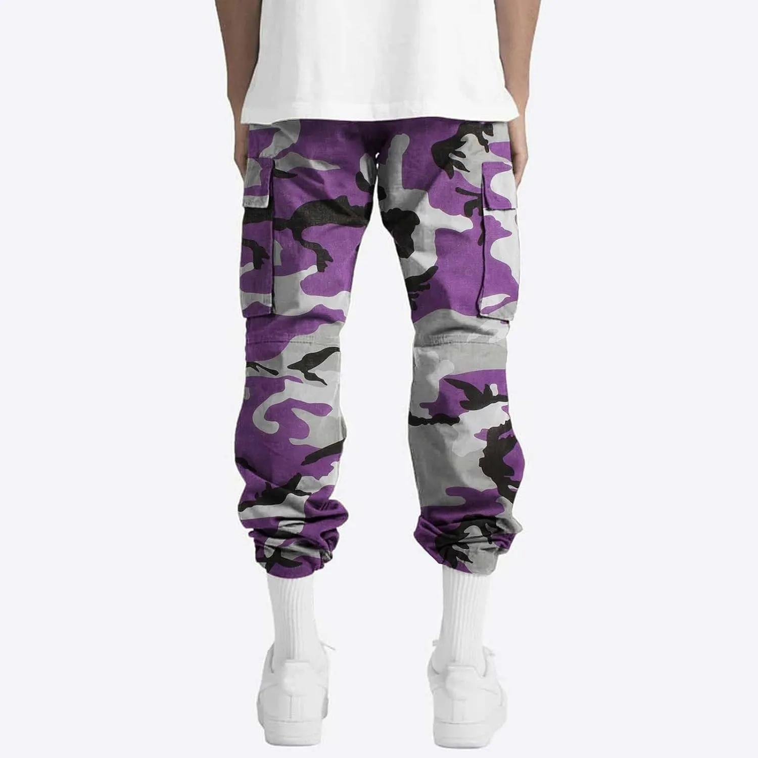Men's Camo Cargo Pants Summer Training Workout Running Sweatpants Loose Fit Elastic Waist Wide Leg Pants with Pockets