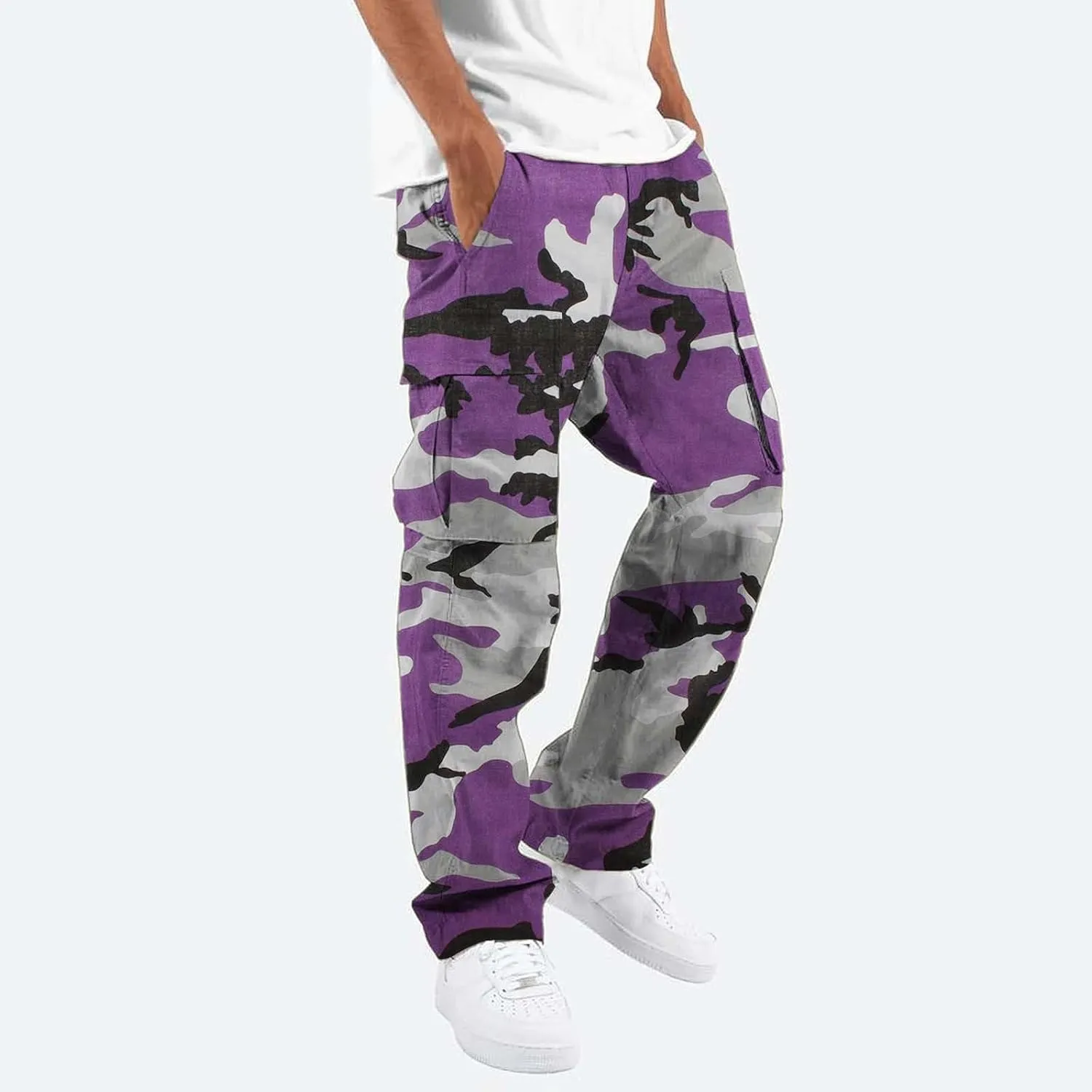 Men's Camo Cargo Pants Summer Training Workout Running Sweatpants Loose Fit Elastic Waist Wide Leg Pants with Pockets