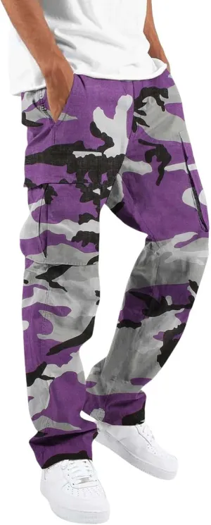 Men's Camo Cargo Pants Summer Training Workout Running Sweatpants Loose Fit Elastic Waist Wide Leg Pants with Pockets