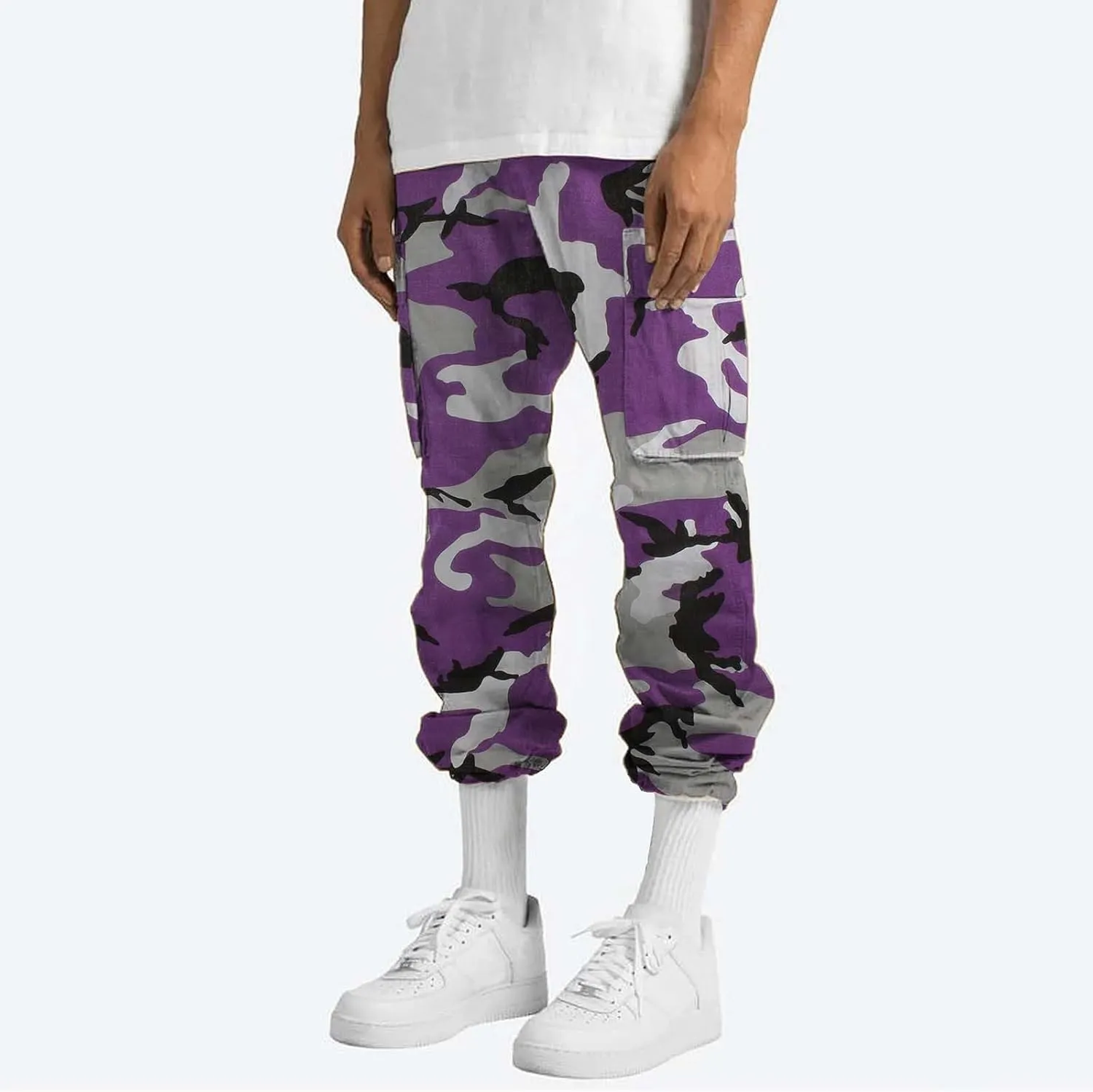 Men's Camo Cargo Pants Summer Training Workout Running Sweatpants Loose Fit Elastic Waist Wide Leg Pants with Pockets