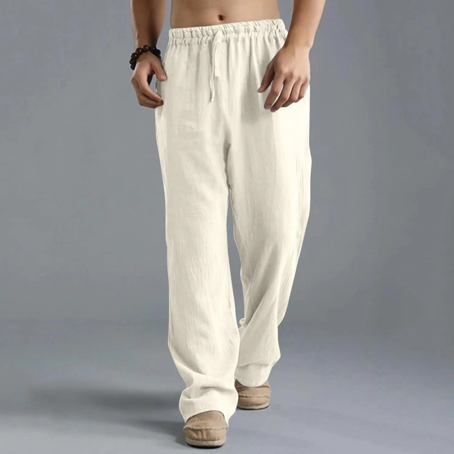 Men's Casual Linen Pants Elastic Waist Drawstring Beach Summer Pants Lightweight Straight-Legs Loose Trousers