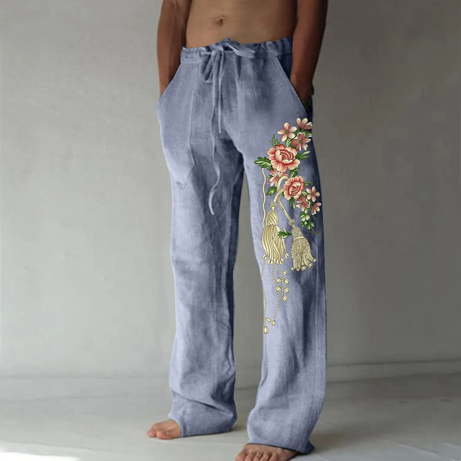 Mens Casual Linen Pants Loose Fit Flower Print Elastic Drawstring Waist Straight-Legs Summer Yoga Beach Long Pants