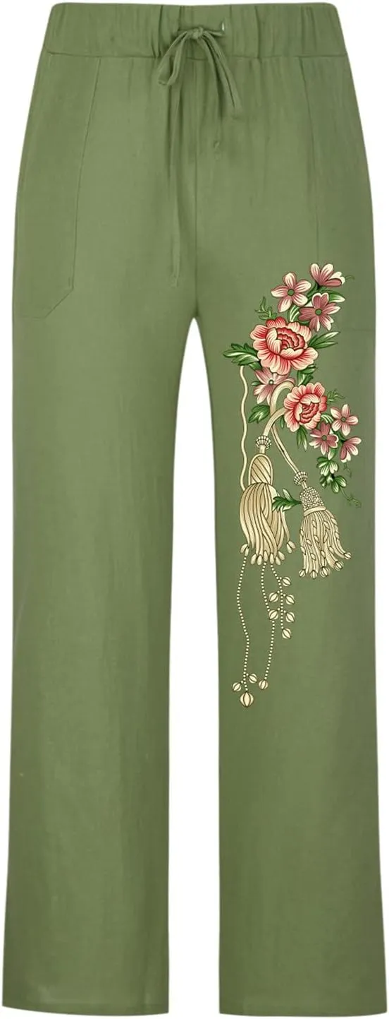 Mens Casual Linen Pants Loose Fit Flower Print Elastic Drawstring Waist Straight-Legs Summer Yoga Beach Long Pants