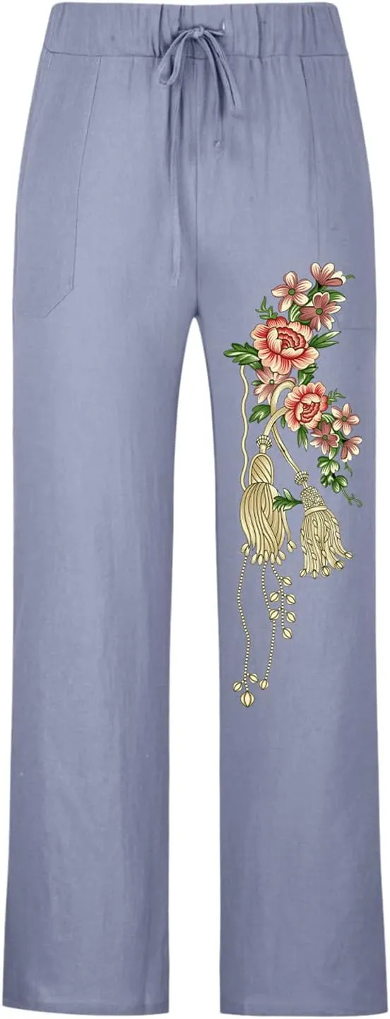 Mens Casual Linen Pants Loose Fit Flower Print Elastic Drawstring Waist Straight-Legs Summer Yoga Beach Long Pants
