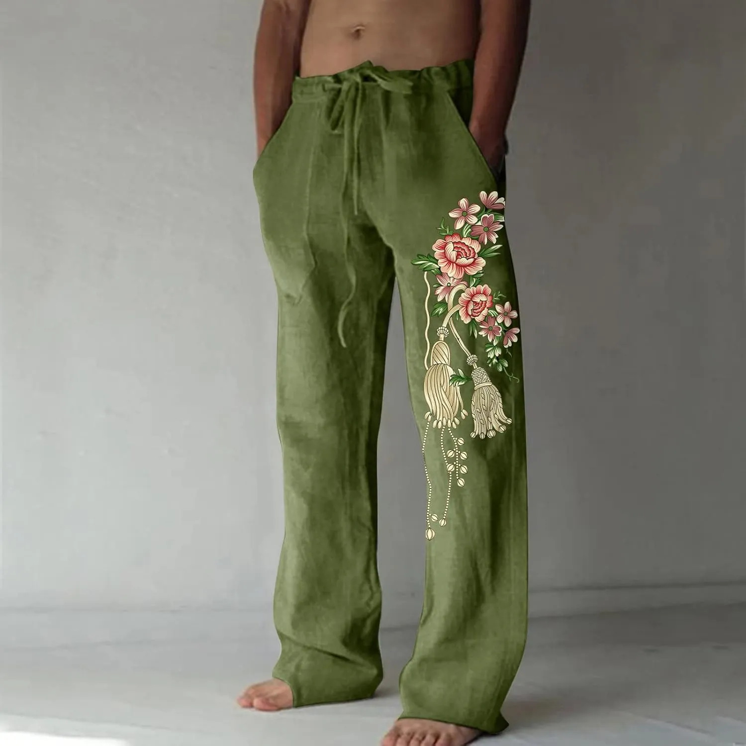 Mens Casual Linen Pants Loose Fit Flower Print Elastic Drawstring Waist Straight-Legs Summer Yoga Beach Long Pants