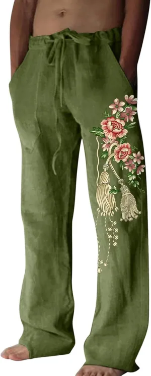 Mens Casual Linen Pants Loose Fit Flower Print Elastic Drawstring Waist Straight-Legs Summer Yoga Beach Long Pants