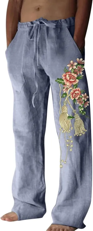 Mens Casual Linen Pants Loose Fit Flower Print Elastic Drawstring Waist Straight-Legs Summer Yoga Beach Long Pants