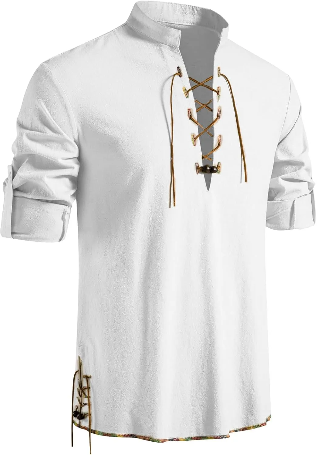 Men's Classic Shirts Lace Up Cotton Shirt Vintage Costume Long Sleeve Tops for Medieval Viking Hippie Halloween