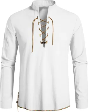 Men's Classic Shirts Lace Up Cotton Shirt Vintage Costume Long Sleeve Tops for Medieval Viking Hippie Halloween