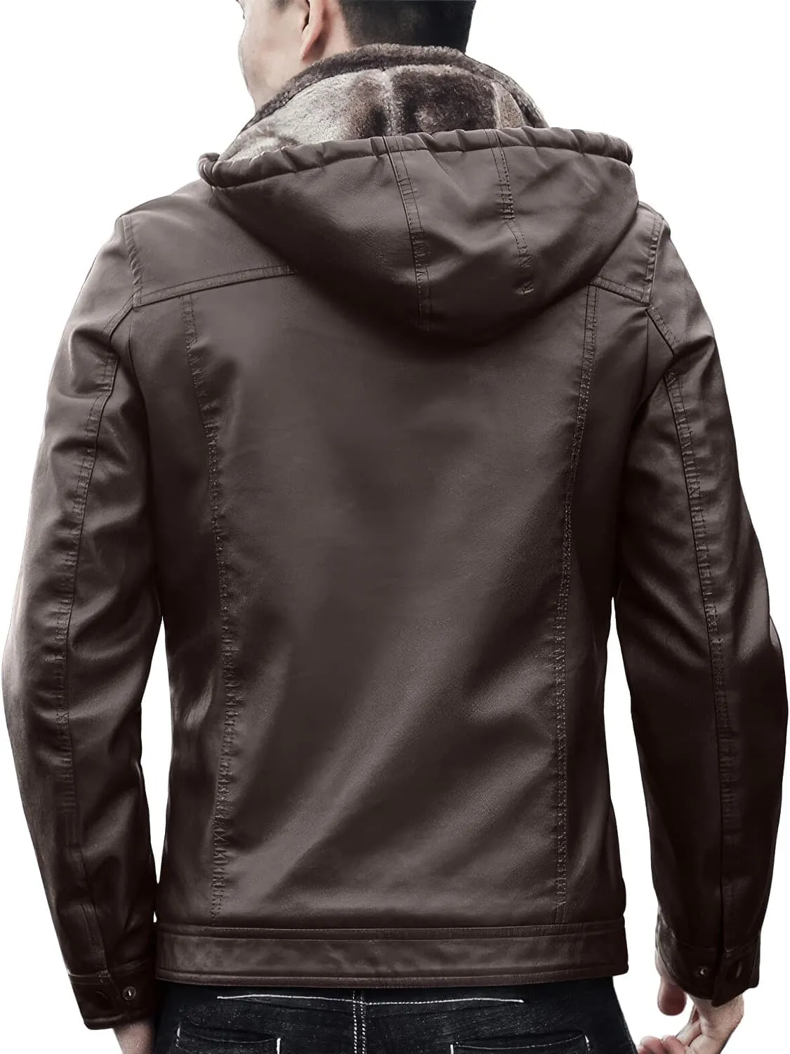 Men's Coffee Brown Removable Hood Biker Faux Fur Lined Rider Genuine Sheepskin Sherpa Shearling Leather Jacket