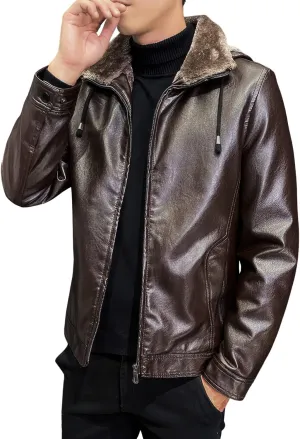 Men's Coffee Brown Removable Hood Biker Faux Fur Lined Rider Genuine Sheepskin Sherpa Shearling Leather Jacket