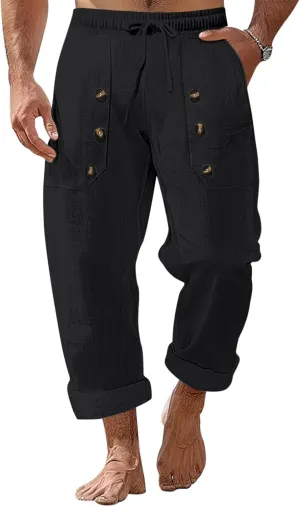 Mens Cotton Linen Pants Casual Summer Vacation Baggy Beach Pants Buttoned Drawstring Yoga Trousers with Pockets