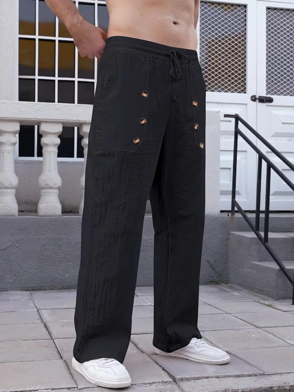 Mens Cotton Linen Pants Casual Summer Vacation Baggy Beach Pants Buttoned Drawstring Yoga Trousers with Pockets