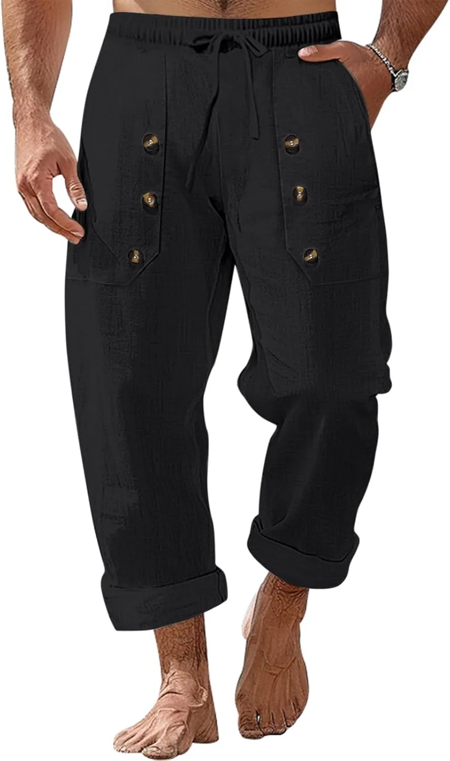 Mens Cotton Linen Pants Casual Summer Vacation Baggy Beach Pants Buttoned Drawstring Yoga Trousers with Pockets