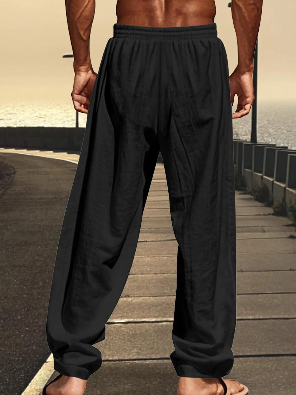 Mens Cotton Linen Pants Casual Summer Vacation Baggy Beach Pants Buttoned Drawstring Yoga Trousers with Pockets