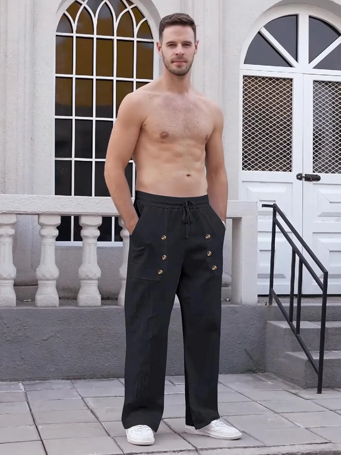 Mens Cotton Linen Pants Casual Summer Vacation Baggy Beach Pants Buttoned Drawstring Yoga Trousers with Pockets