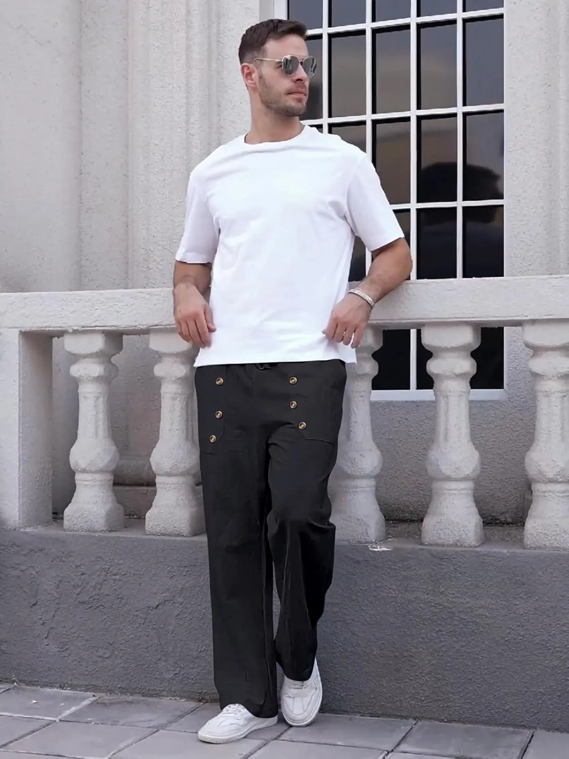 Mens Cotton Linen Pants Casual Summer Vacation Baggy Beach Pants Buttoned Drawstring Yoga Trousers with Pockets