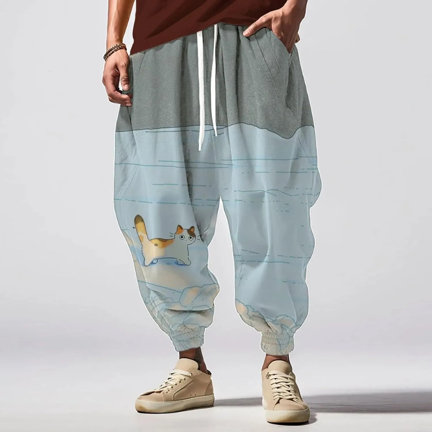 Men's Drawstring Hippie Harem Pants Men's Autumn Fun Print Fashion Street Feel Casual Cotton Drawstring Cargo Pants