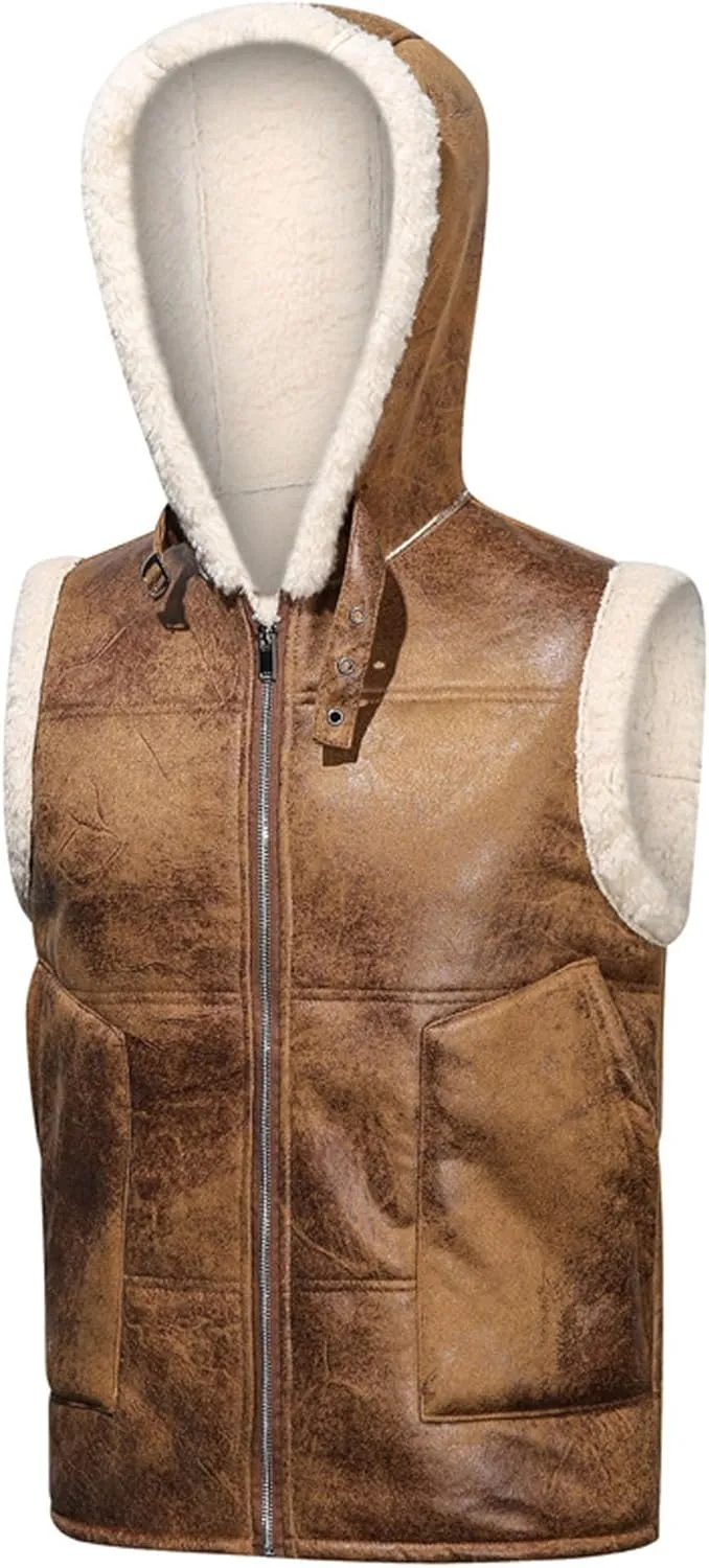 Mens Faux Lambskin Aviator Vest Hoodie Winter Shearling Sheepskin Waistcoat Bomber Aviator Pilot Hood Vests