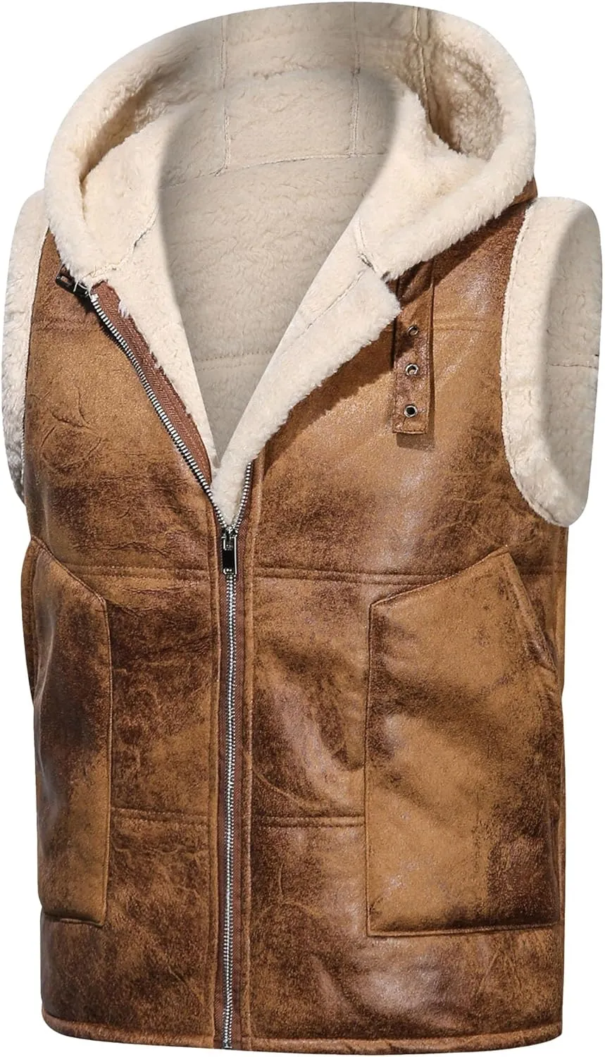 Mens Faux Lambskin Aviator Vest Hoodie Winter Shearling Sheepskin Waistcoat Bomber Aviator Pilot Hood Vests
