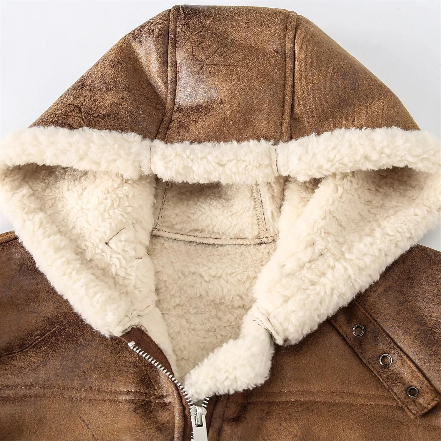 Mens Faux Lambskin Aviator Vest Hoodie Winter Shearling Sheepskin Waistcoat Bomber Aviator Pilot Hood Vests