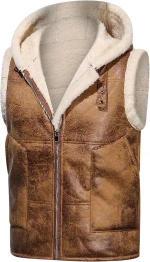 Mens Faux Lambskin Aviator Vest Hoodie Winter Shearling Sheepskin Waistcoat Bomber Aviator Pilot Hood Vests