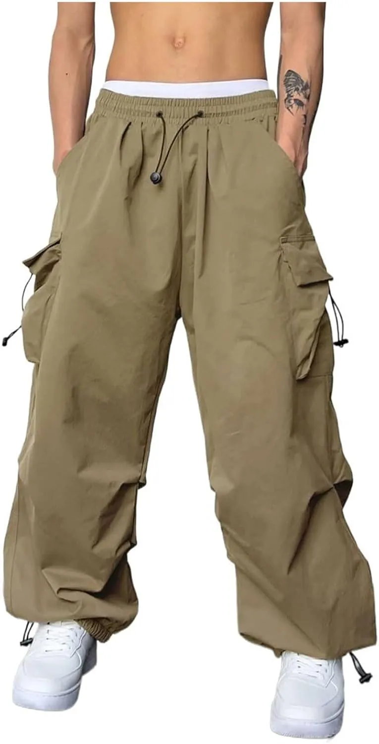 Men's Hip Hop Parachute Jogger Pants Y2K Street Baggy Trousers Rap Hippies Cargo Pants Harem Pants with Pockets
