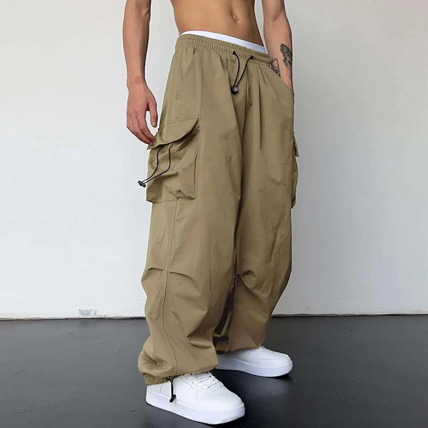 Men's Hip Hop Parachute Jogger Pants Y2K Street Baggy Trousers Rap Hippies Cargo Pants Harem Pants with Pockets