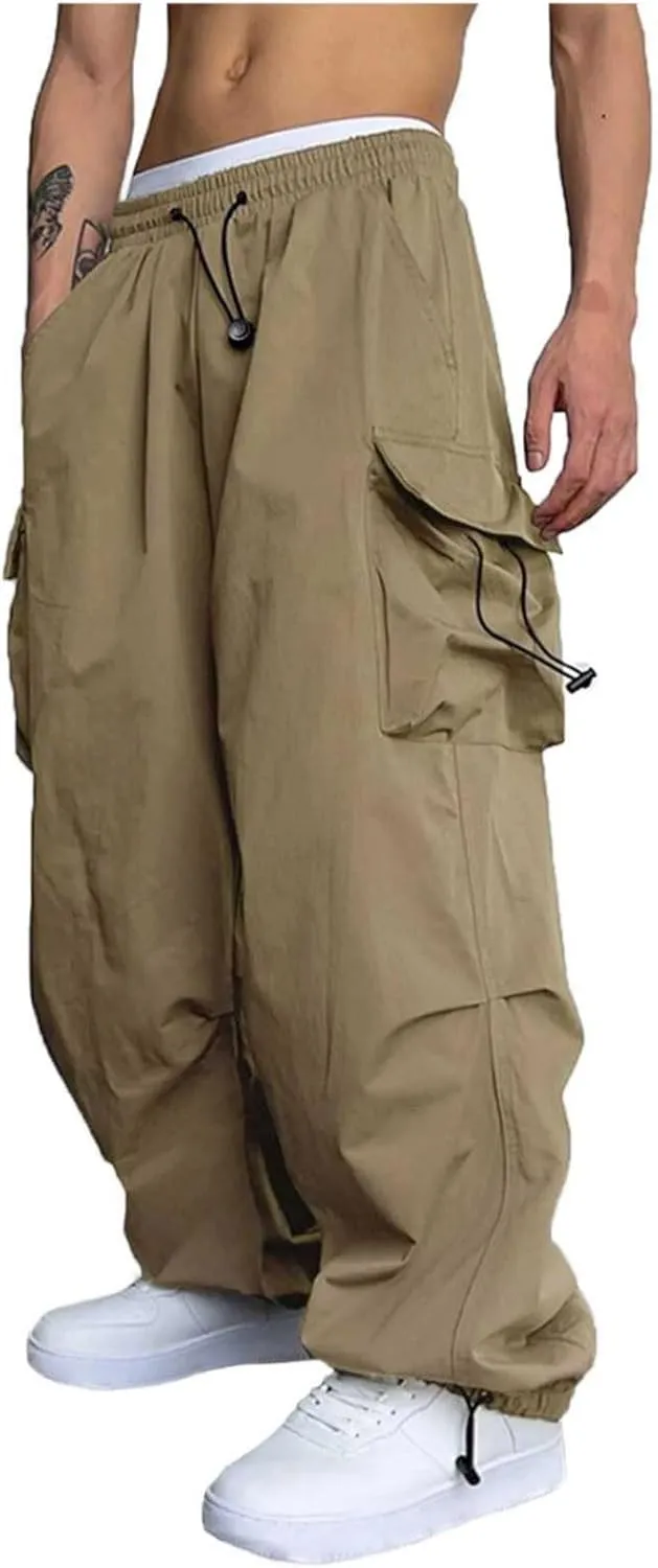Men's Hip Hop Parachute Jogger Pants Y2K Street Baggy Trousers Rap Hippies Cargo Pants Harem Pants with Pockets