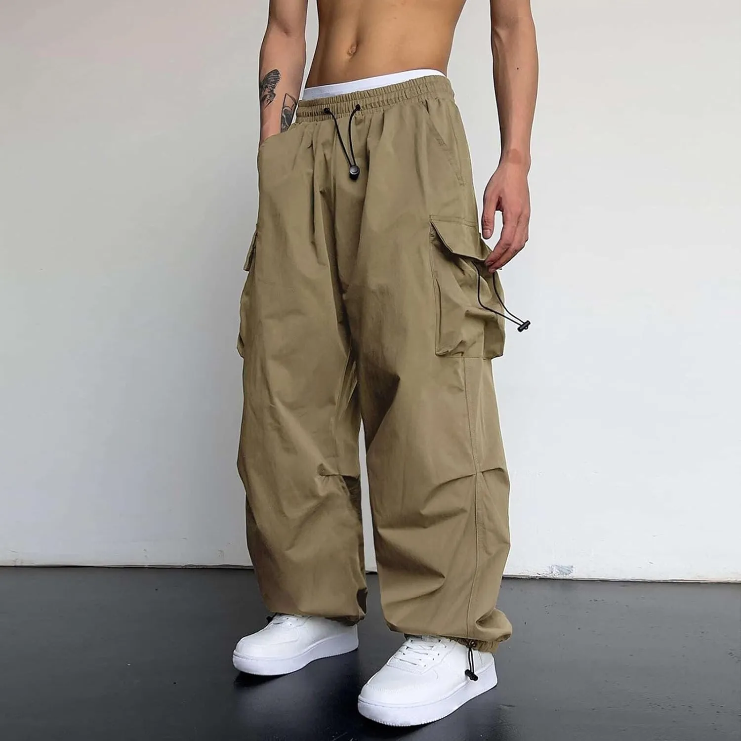 Men's Hip Hop Parachute Jogger Pants Y2K Street Baggy Trousers Rap Hippies Cargo Pants Harem Pants with Pockets