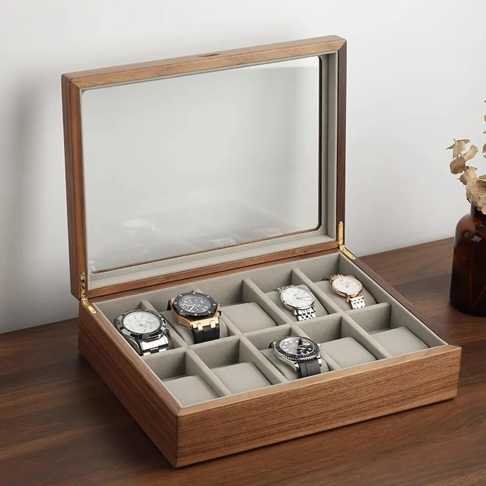 mens jewellery box Wooden Watch Box for Men and Women, 5 Slot/10 Slot Watch Display Case Mens Watch Box Organizer, Wood Watch Case for Men Watch Storage, Watch Holder Organizer with Glass Lid(L) watch