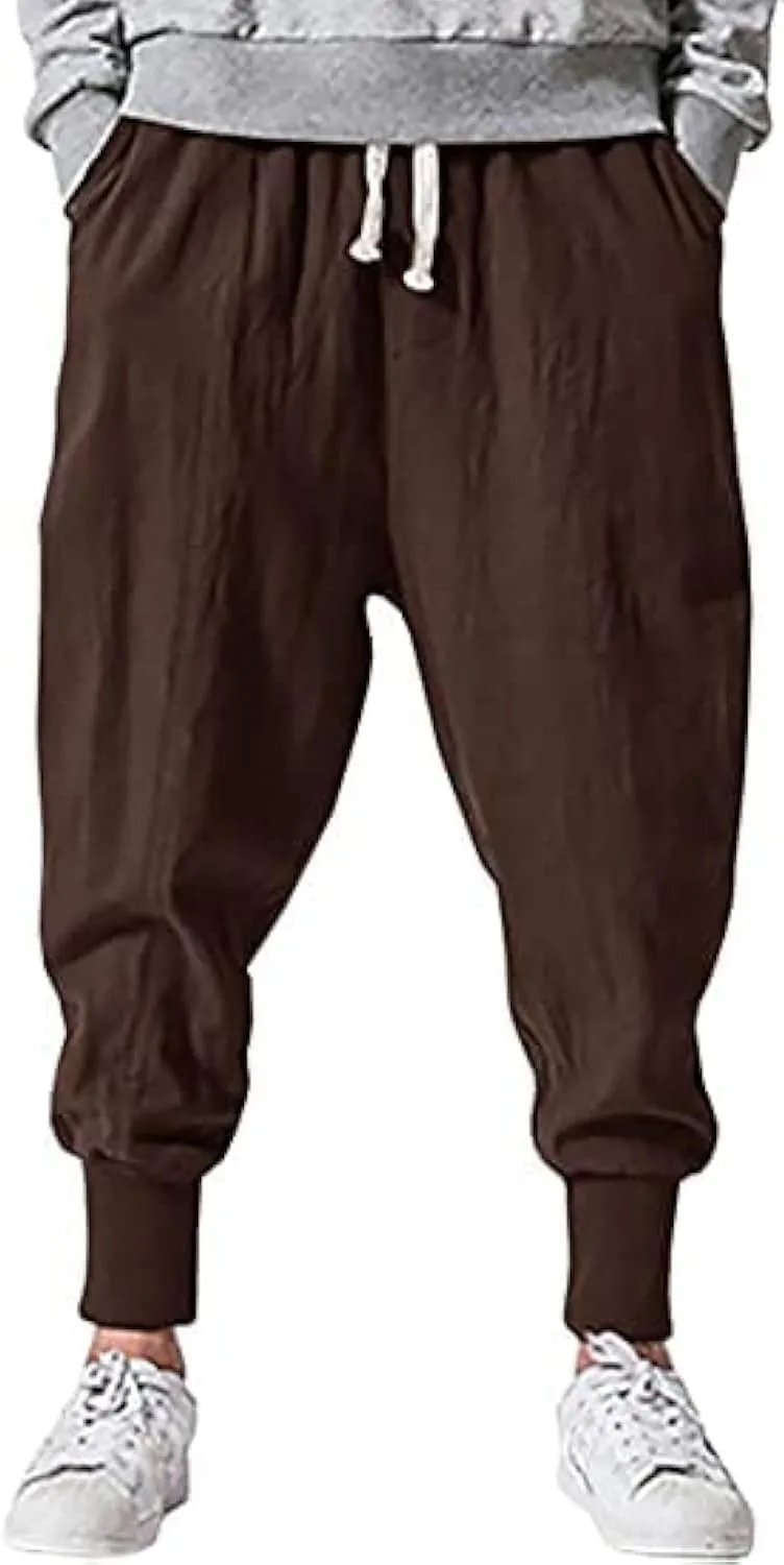 Mens Linen Harem Pants Lightweight Drawstring Elastic Waist Baggy Joggers Casual Cargo Sweatpants Pant