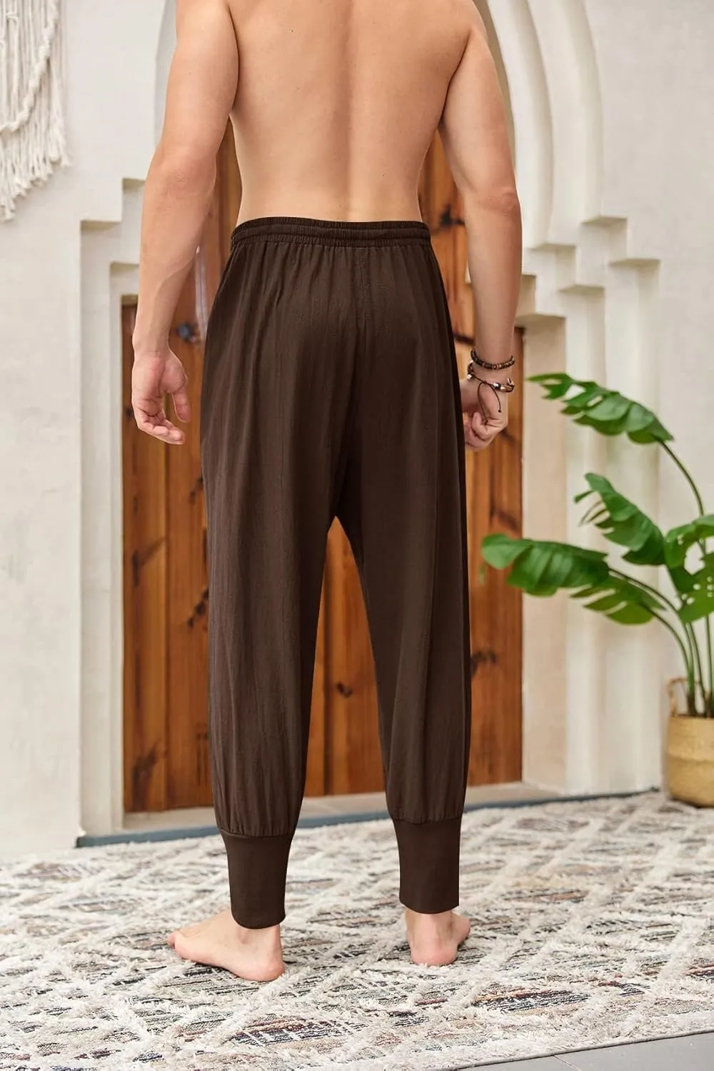 Mens Linen Harem Pants Lightweight Drawstring Elastic Waist Baggy Joggers Casual Cargo Sweatpants Pant