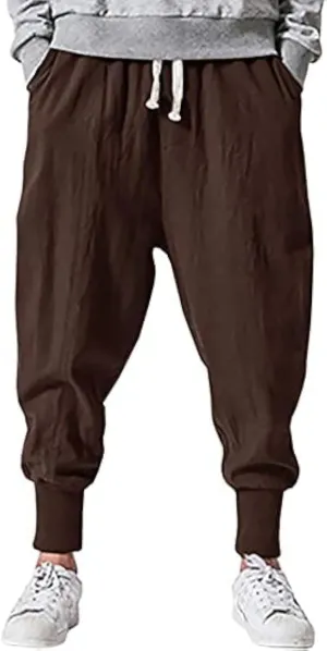 Mens Linen Harem Pants Lightweight Drawstring Elastic Waist Baggy Joggers Casual Cargo Sweatpants Pant