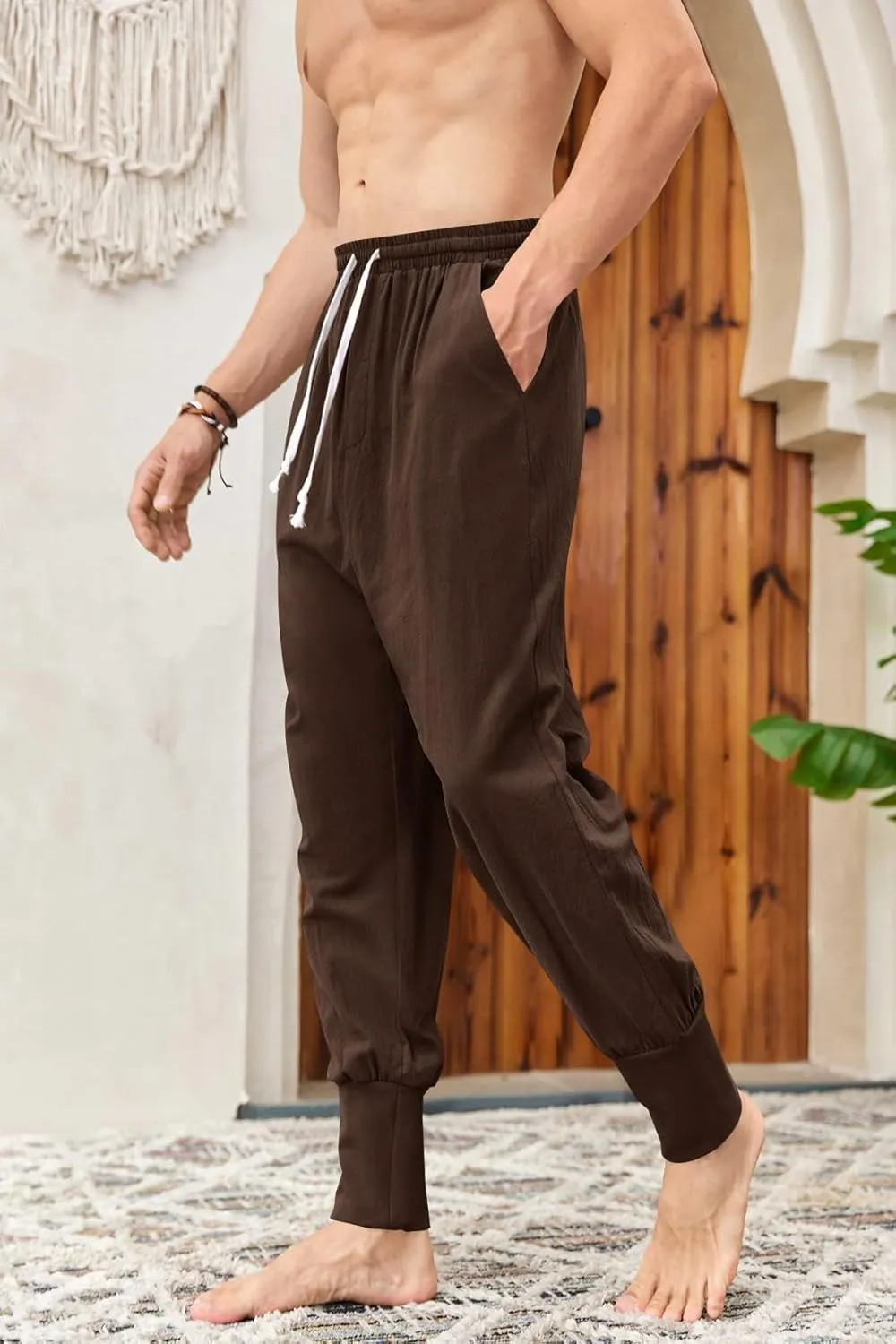 Mens Linen Harem Pants Lightweight Drawstring Elastic Waist Baggy Joggers Casual Cargo Sweatpants Pant