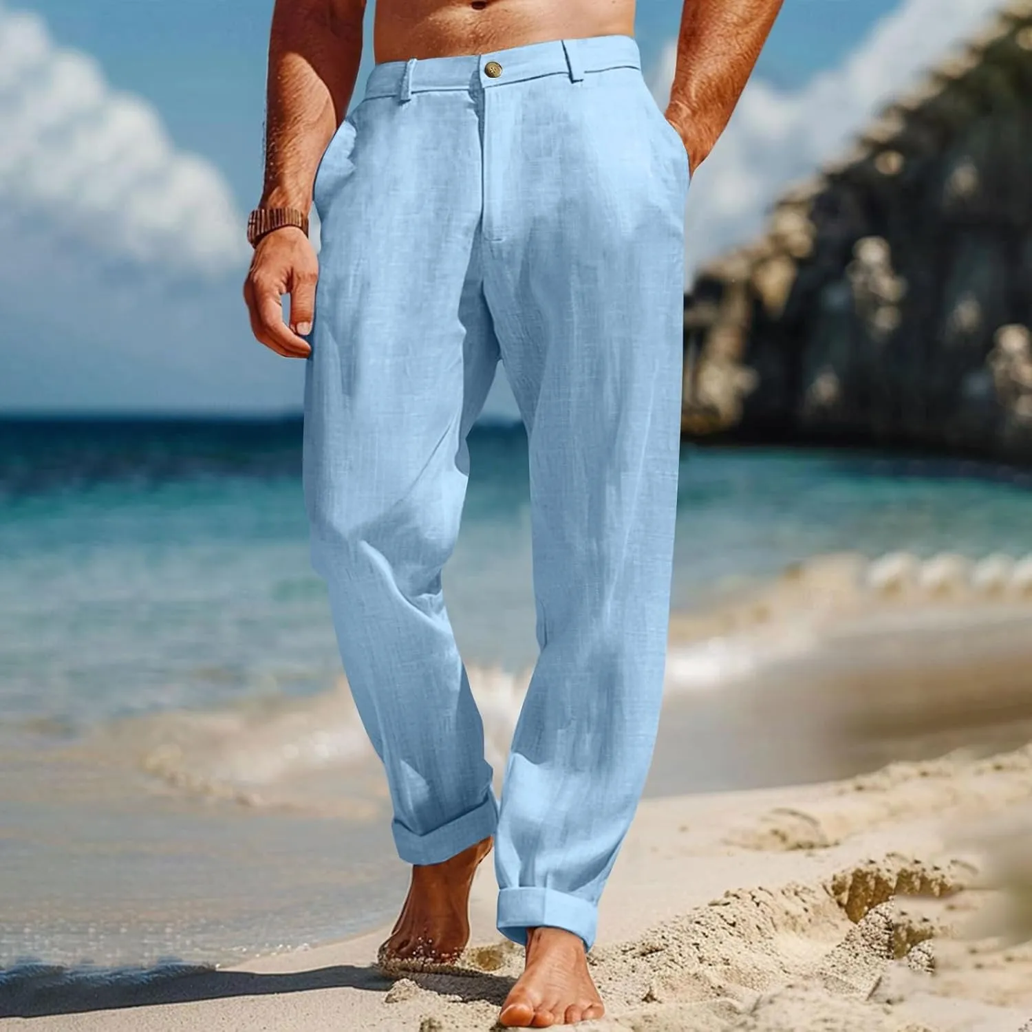 Men's Linen Pants Loose Fit Casual Summer Office Business Dress Pant Lightweight Baggy Beach Plain Vacation Trousers