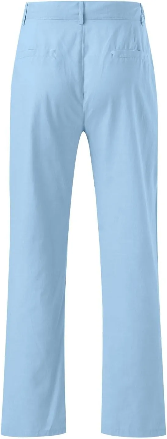 Men's Linen Pants Loose Fit Casual Summer Office Business Dress Pant Lightweight Baggy Beach Plain Vacation Trousers