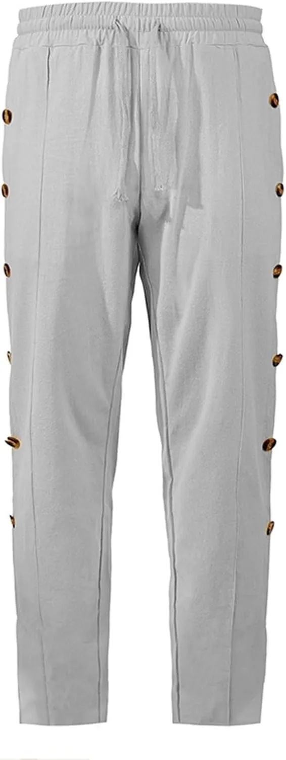 Mens Loose Side Button Pants Casual Straight Leg Elastic HIgh Waist Linen Trousers Breathable Summer Beach Yoga Pants