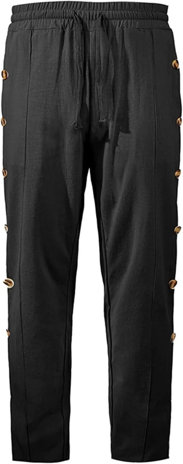 Mens Loose Side Button Pants Casual Straight Leg Elastic HIgh Waist Linen Trousers Breathable Summer Beach Yoga Pants