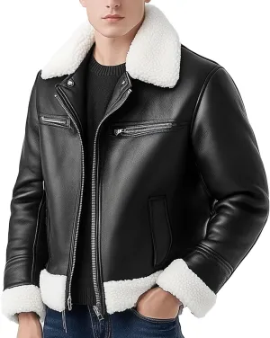 Mens Shearling Aviator Jacket Inspired by Flight Jacket Zipper Genuine Leather Jackets