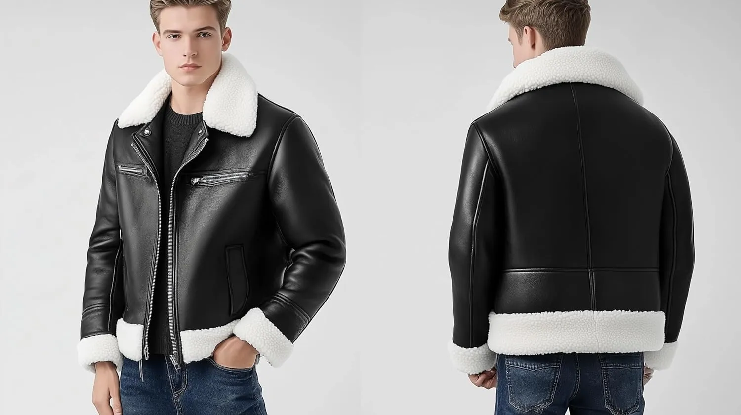 Mens Shearling Aviator Jacket Inspired by Flight Jacket Zipper Genuine Leather Jackets