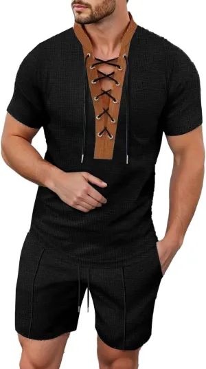 Mens Summer Shirts Beach Outfits Knit Muscle Slim Fit Lace Up Short Sleeve Tee Sets Textured Crewneck Tops Pullover