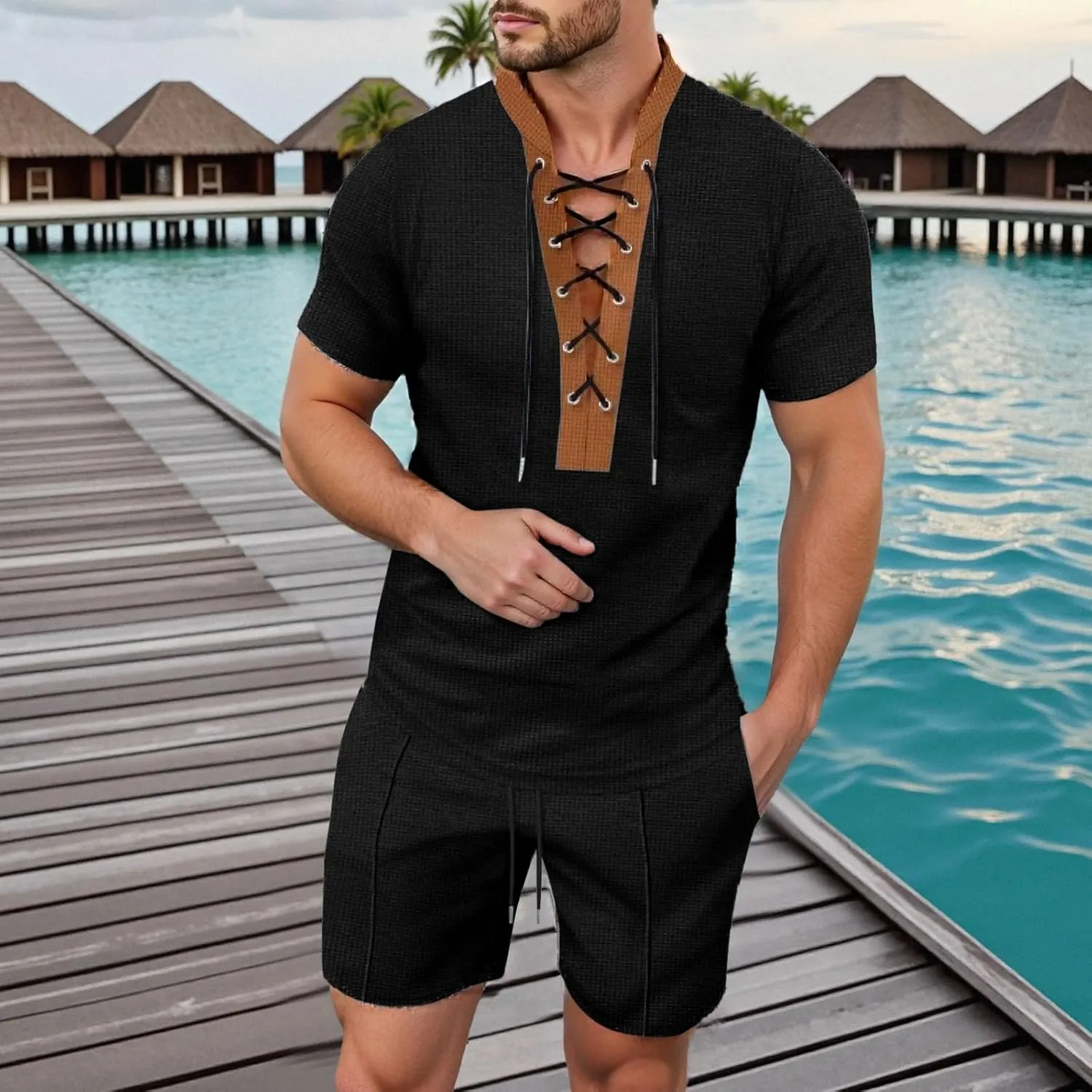 Mens Summer Shirts Beach Outfits Knit Muscle Slim Fit Lace Up Short Sleeve Tee Sets Textured Crewneck Tops Pullover