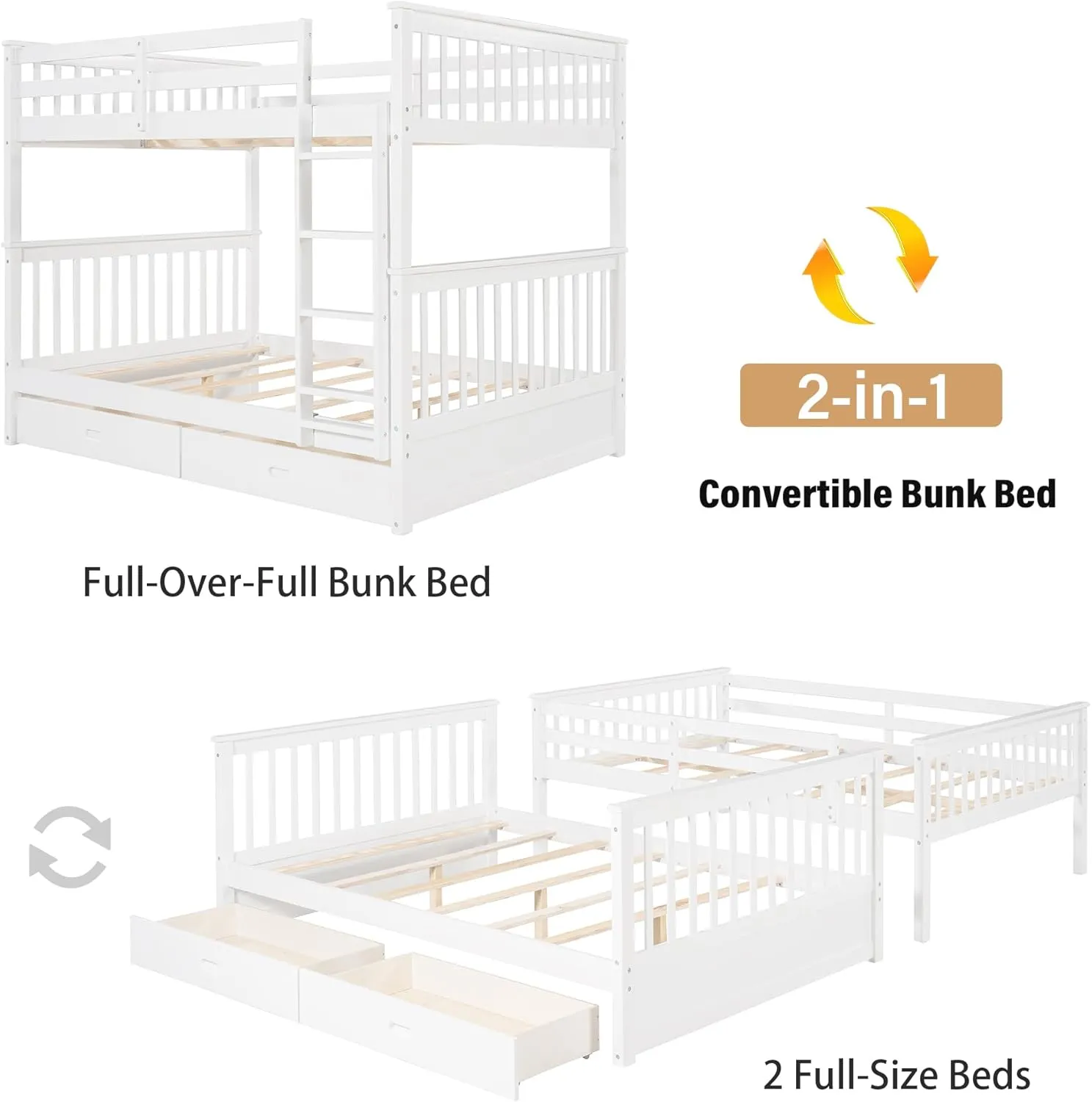 Merax Wood Bunk Bed with Drawers,Convertible Bunk Bed with Ladders and Two Storage Drawers,Solid Wood Detachable Bed Frame with Ladders,Full Over Full,White