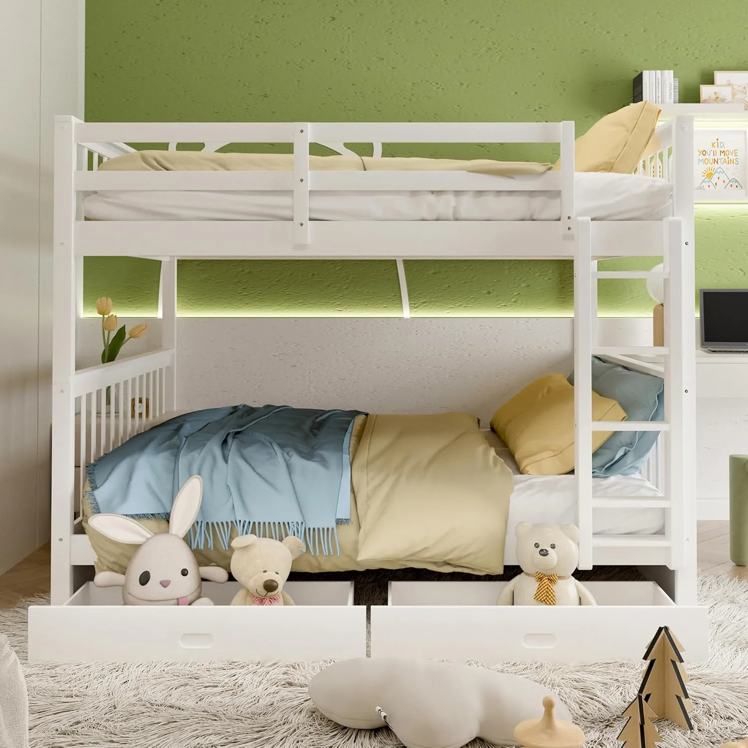 Merax Wood Bunk Bed with Drawers,Convertible Bunk Bed with Ladders and Two Storage Drawers,Solid Wood Detachable Bed Frame with Ladders,Full Over Full,White