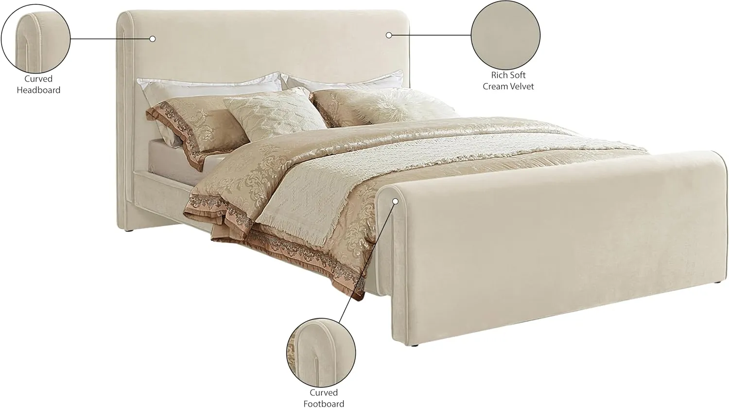Meridian Furniture SloanCream-K Sloan Collection Modern | Contemporary Velvet Upholstered King Bed with Rich Soft Cream Velvet, Curved Headboard and Footboard, 82" W x 96" D x 45" H, Cream, King