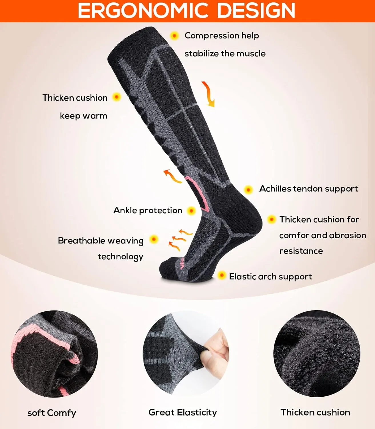 Merino Wool Ski Socks for Men & Women, Knee-High Winter Thermal Snowboarding Socks Packs