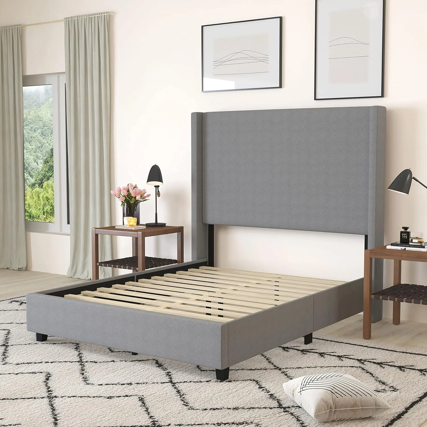 Merrick Lane Bramlett Modern Platform Bed - Gray Faux Linen - Full - Padded Wingback Headboard - 3" Floor Clearance - Wood Support Slats - No Box Spring Needed